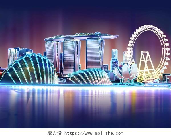 新加坡旅游光影城市剪影建筑插画背景素材